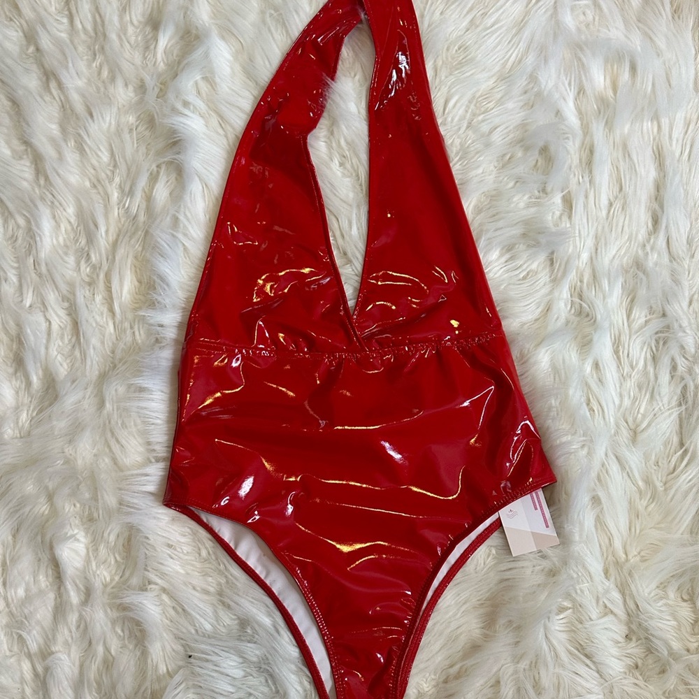NWT Red Latex Halter Bodysuit
